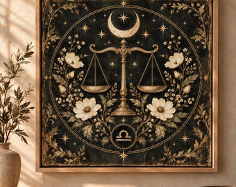 Libra Wall Art, Antique Inspired Zodiac Print, Celestial Scales, Botanical Astrology Decor, Libra Birthday Gift