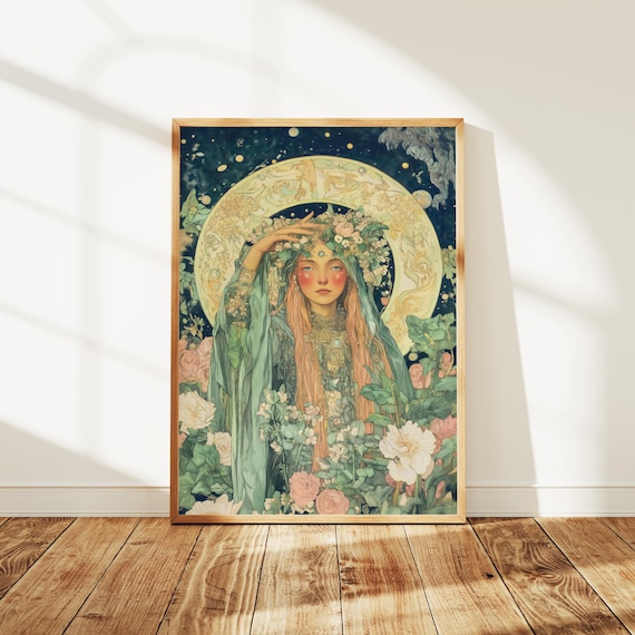 Ostara Wall Art, Goddess Botanical Print, Art Nouveau Decor