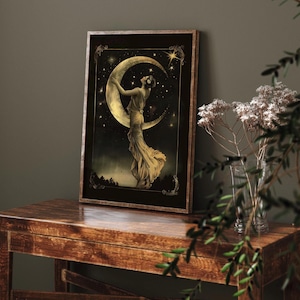 Moon Goddess Instant Download | Vintage Style Art Nouveau Wall Art | Crescent Moon Divine Feminine Printable Art |  Retro Style Lunar Witch