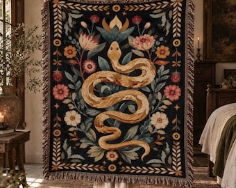 Serpent Woven Blanket, Botanical Snake Throw, Folk Art Tapestry Blanket, Dark Boho Home Decor, Mystical Floral Throw
