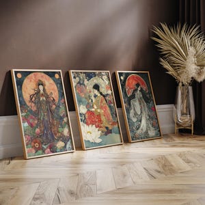 Goddesses Print Bundle | Set of Three Instant Download | Vintage Style Art Nouveau Fine Art | Lakshmi, Amaterasu, and Kwan Yin Goddesses