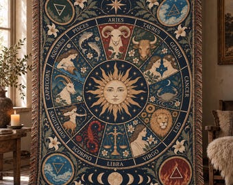 Zodiac Woven Throw Blanket, Astrology Tapestry, Celestial Wall Hanging, Horoscope Decor, Boho Zodiac Gift