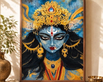 Kali Ma Portrait, Hindu Sacred Art, Blue Goddess Print, Spiritual Maximalist Decor
