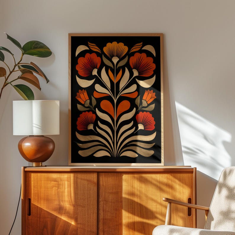 Mid Century Modern Floral Canvas Print - Retro Folk Art Botanical Wall ...