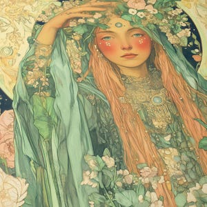 May include: An artistic illustration of a woman with long, flowing peach-colored hair, adorned with a floral crown and a flowing teal garment. The artwork features a celestial background with a soft, dreamlike quality, and a focus on natural elements.