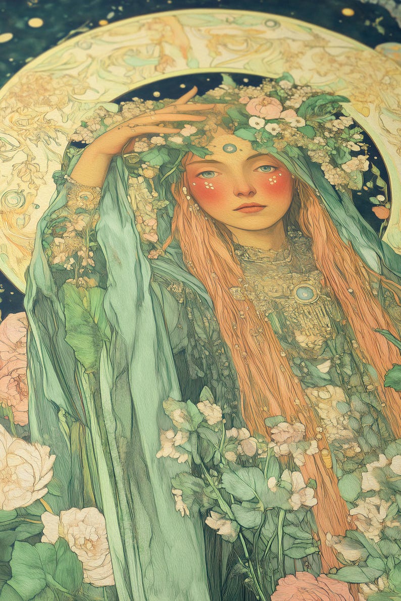 May include: An artistic illustration of a woman with long, flowing peach-colored hair, adorned with a floral crown and a flowing teal garment. The artwork features a celestial background with a soft, dreamlike quality, and a focus on natural elements.