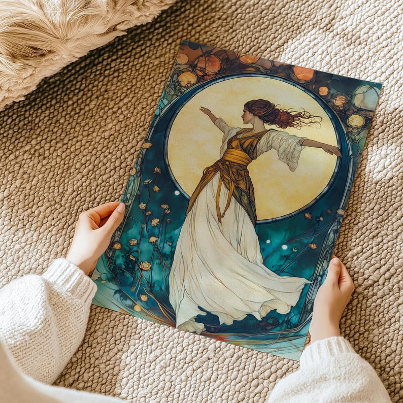May include: A rectangular art print featuring a central circular frame containing a figure with arms outstretched, wearing a white dress with a brown bodice and sash. The background displays a large yellow moon, dark blue floral elements, and circular patterns.