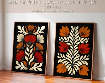 Set van 2 botanische prints uit het midden van de eeuw: retro bloemenmuurkunst
