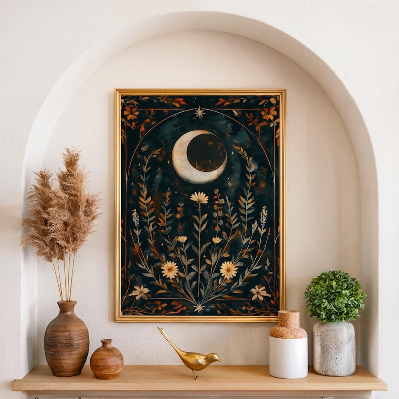 Crescent Moon Folk Art Print: Botanical Witchy Canvas - Etsy