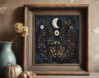 Crescent Moon Botanical Print - Celestial Lunar Painting, Floral Folk Decor for Modern Farmhouse & Boho Home, Witchy Wall Art