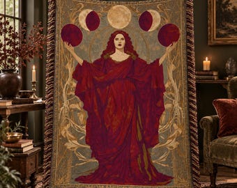 Hecate Woven Blanket, Moon Goddess Tapestry Throw, Greek Mythology Decor, Witchy Gothic Wall Tapestry