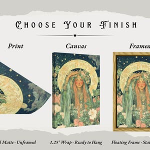 May include: Artwork print options: Print, Canvas, and Framed. The artwork features a woman with long red hair, a floral crown, and a green robe, set against a backdrop of a moon and flowers. The text reads "CHOOSE YOUR FINISH".