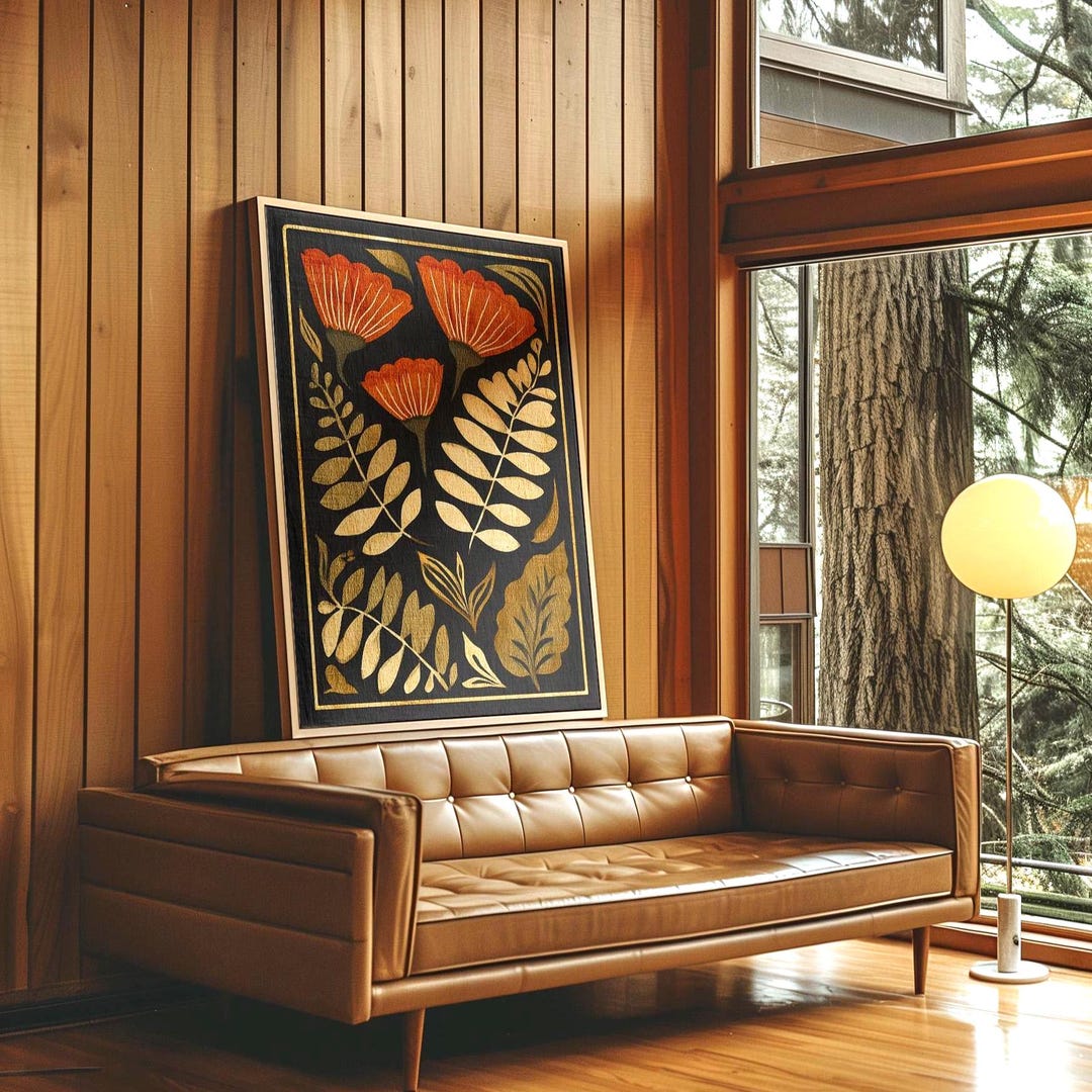 Mid Century Modern Folk Floral Print, Retro Botanical Wall Art - Etsy