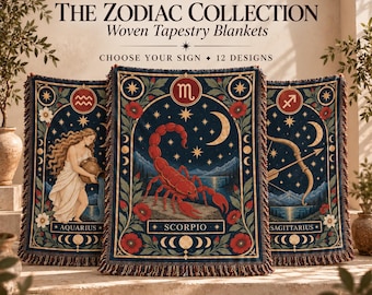 Zodiac Woven Blanket, Astrology Throw, Star Sign Tapestry, Celestial Home Decor, Horoscope Birthday Gift