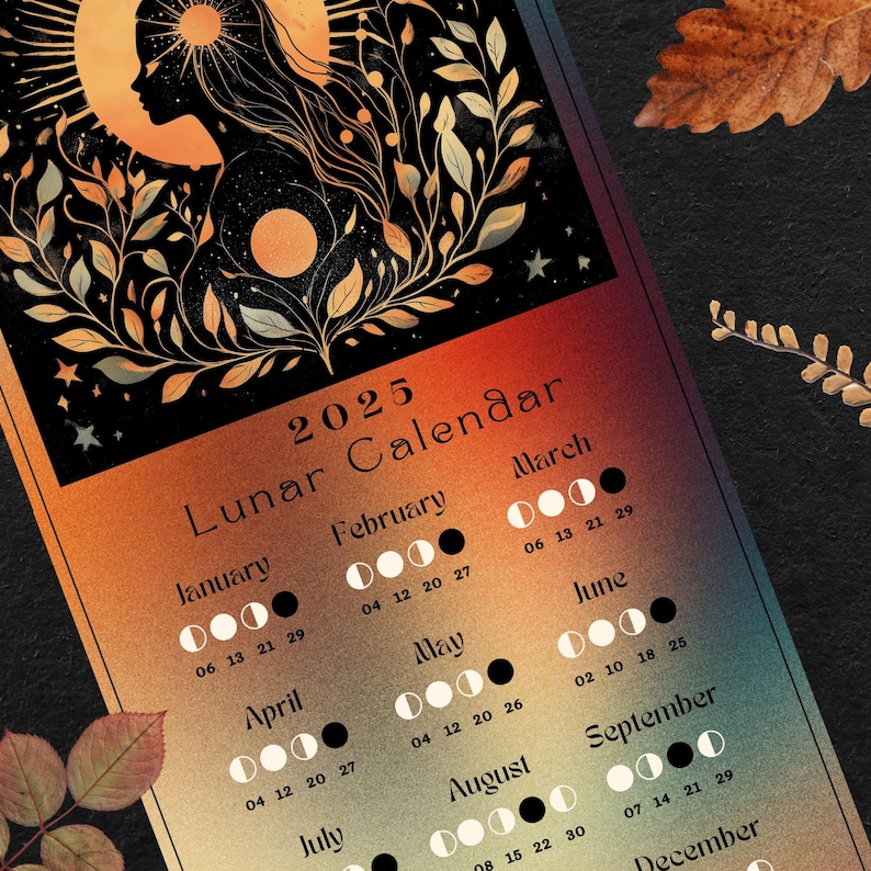 2025 Lunar Calendar Illustrated Moon Phase Wall Art Kitchen Botanical
