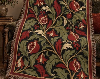 Pomegranate Woven Blanket, Dark Botanical Tapestry Throw, William Morris Inspired, Gothic Cottagecore Decor, Persephone Garden