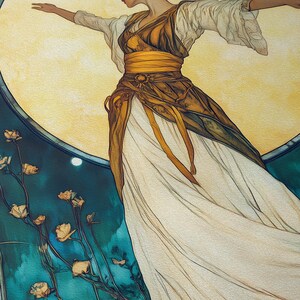 May include: A decorative art print featuring a figure with flowing reddish-brown hair, wearing a white blouse and a layered ochre-colored dress. The figure stands against a large, circular yellow sun motif, with dark teal floral stems in the foreground.