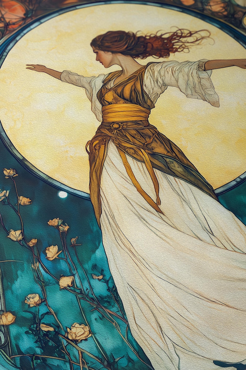 May include: A decorative art print featuring a figure with flowing reddish-brown hair, wearing a white blouse and a layered ochre-colored dress. The figure stands against a large, circular yellow sun motif, with dark teal floral stems in the foreground.