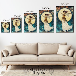 May include: Five rectangular wall art prints featuring a woman in a flowing white and gold dress against a large yellow moon and dark blue starry background. Sizes labeled above each print are 11x14, 12x18, 16x24, 20x30, and 24x36 inches.