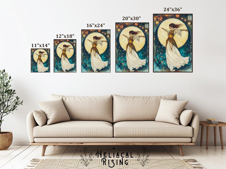 May include: Five rectangular wall art prints featuring a woman in a flowing white and gold dress against a large yellow moon and dark blue starry background. Sizes labeled above each print are 11x14, 12x18, 16x24, 20x30, and 24x36 inches.