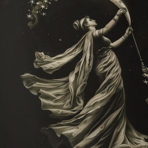 May include: A vintage-style illustration of a woman in flowing robes reaching for a crescent moon. The artwork features a starry night sky and a celestial theme, with the woman holding a staff adorned with stars.
