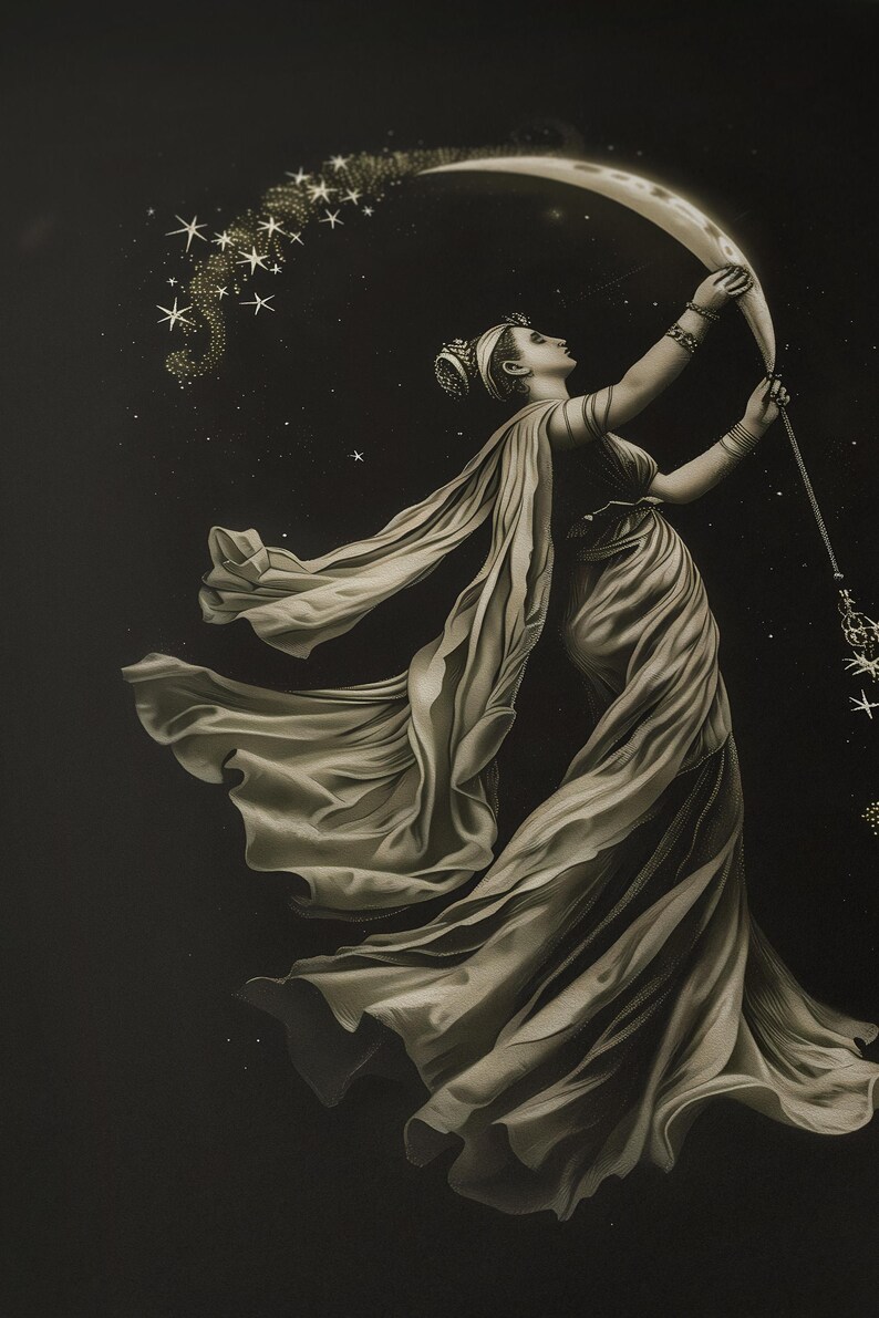May include: A vintage-style illustration of a woman in flowing robes reaching for a crescent moon. The artwork features a starry night sky and a celestial theme, with the woman holding a staff adorned with stars.