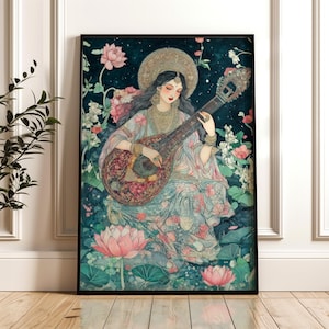 Saraswati Printable Art | Hindu Goddess of Wisdom Decor | Indian Mythology Digital Download | Divine Feminine Home Art | Spiritual Wall Art