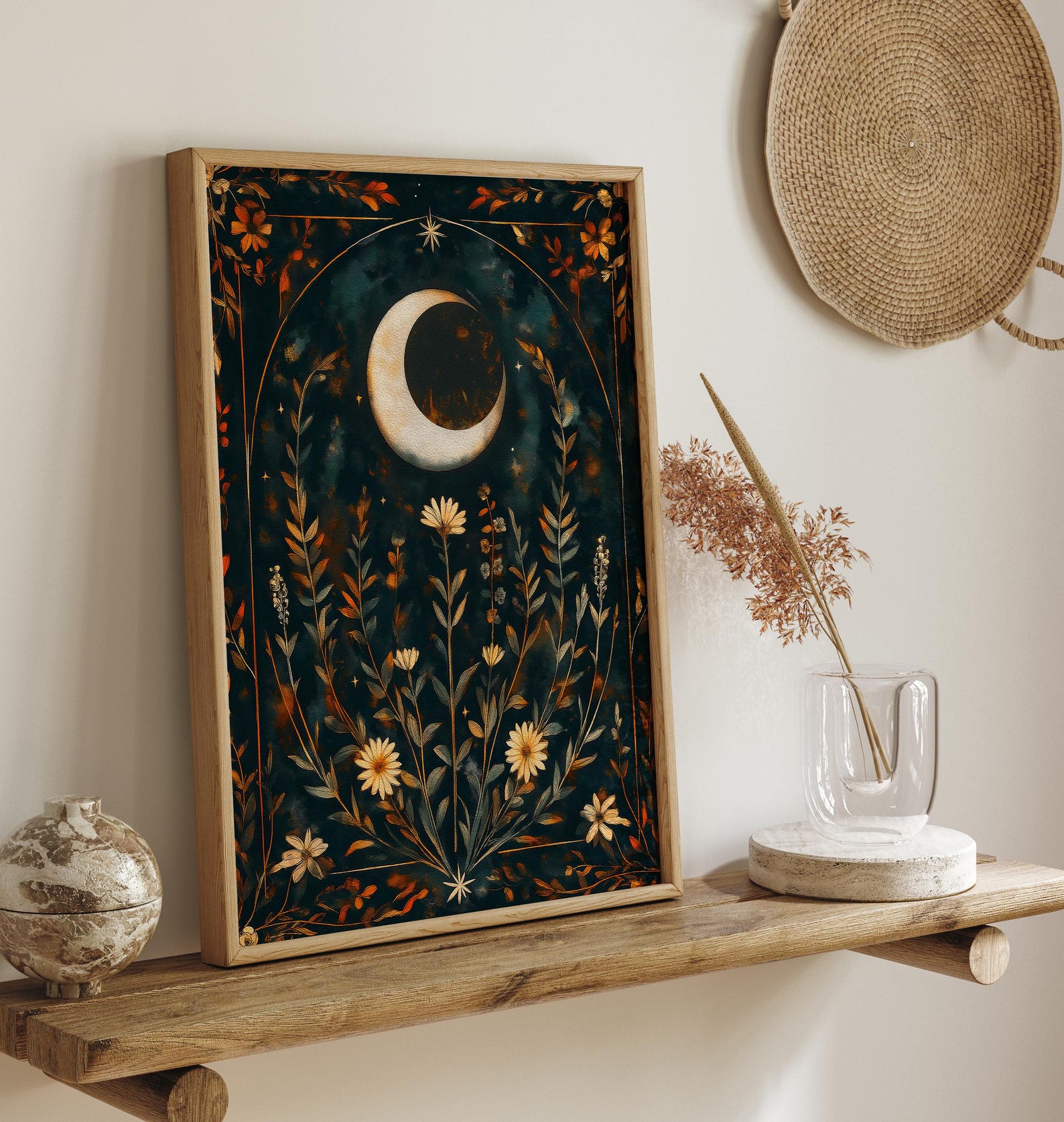 Crescent Moon Folk Art Print: Botanical Witchy Canvas - Etsy