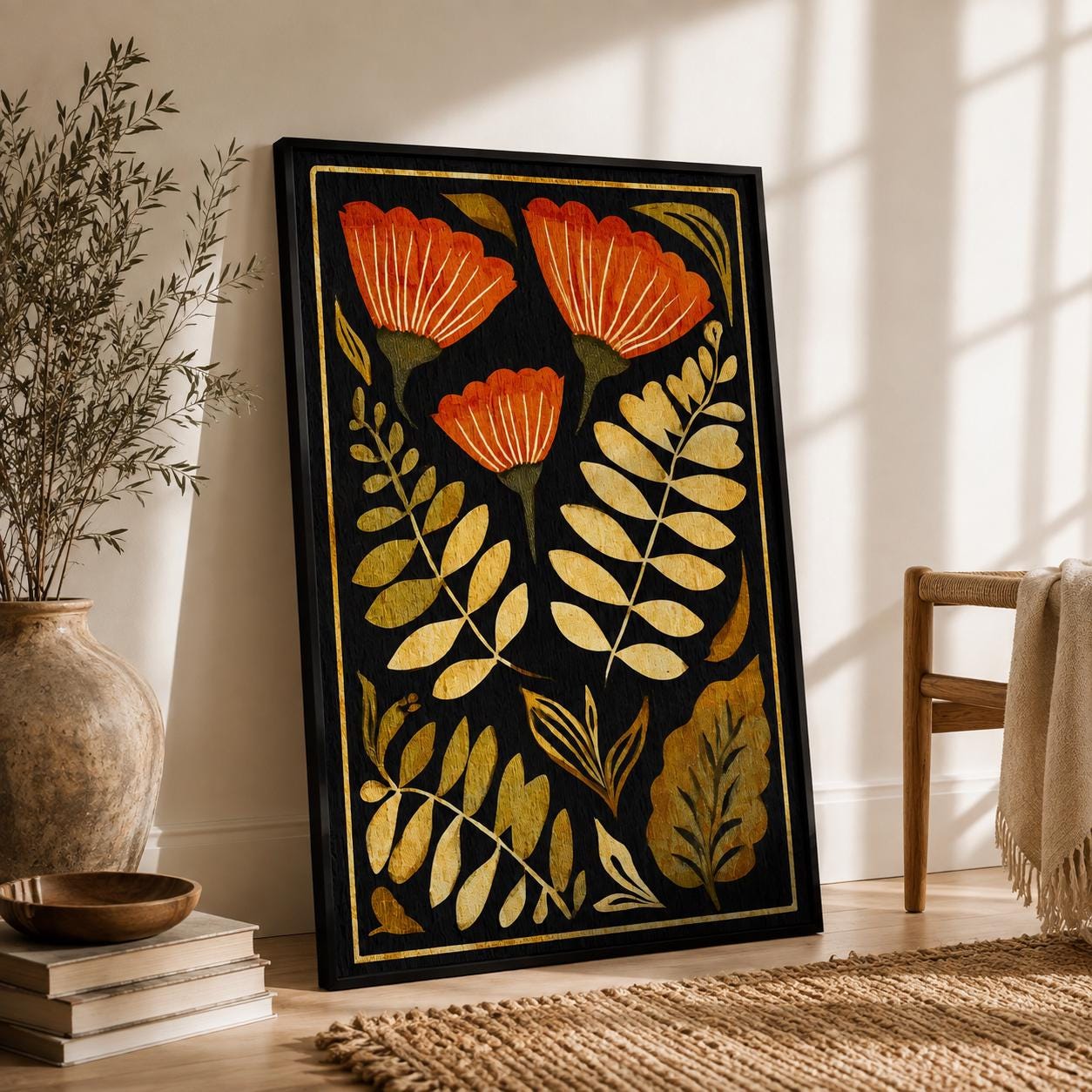 Mid Century Modern Folk Floral Print, Retro Botanical Wall Art - Etsy
