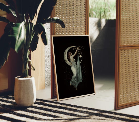 Art Nouveau Moon Goddess Print, Celestial Wall Art, Digital Download, Vintage Feminine Decor