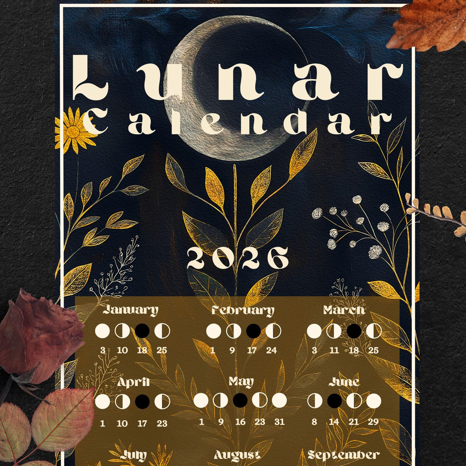 2026 Lunar Calendar Bundle: Folk Art Moon Phases, Botanical Design (PDF ...