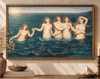 The Sea Maidens by Evelyn De Morgan, Remastered Mermaid Print, Pre Raphaelite Wall Art, Victorian Ocean Painting