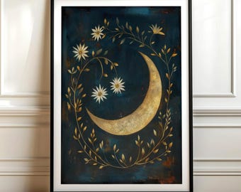 Botanical Crescent Moon Art Print, Folk Celestial Wall Art (Digital Download)