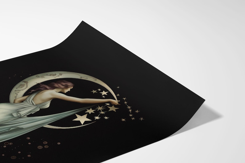 May include: A rectangular art print on black paper featuring a figure in a flowing white gown reaching toward a crescent moon. The figure is surrounded by gold-toned stars and circular patterns, with the print corner curled upward to show depth.