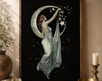 Moon Goddess Printable Art, Art Nouveau Celestial Wall Art, Vintage Digital Download