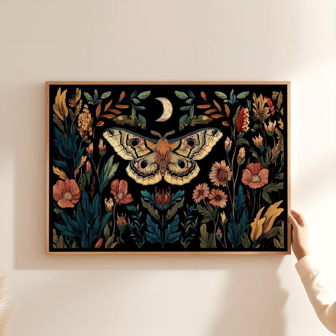 Crescent Moon & Mystical Moth Wall Art, Dark Cottagecore Floral Insect ...