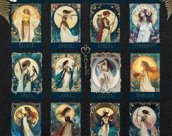 May include: Twelve printable art cards featuring illustrations of goddesses from various mythologies. Each card has a gold frame and a blue background with a moon and stars. The cards feature the names of the goddesses, such as Hestia, Brigid, Athena, Aphrodite, Freya, Hera, Selene, Demeter, Gaia, Persephone, Isis, and Artemis.
