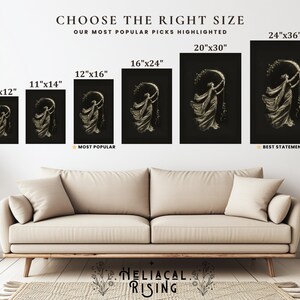 May include: A display of framed art prints in various sizes, including 8x12, 11x14, 12x16, 16x24, 20x30, and 24x36 inches. Each print features a gold-toned figure against a black background. Text at the top reads "CHOOSE THE RIGHT SIZE".