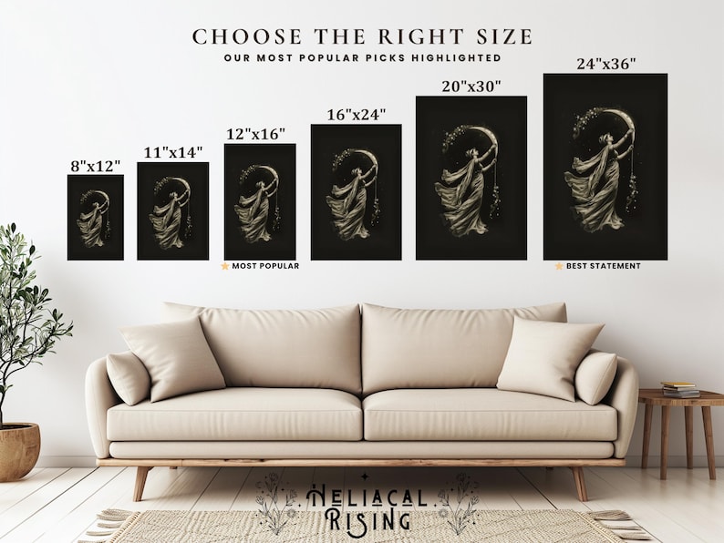 May include: A display of framed art prints in various sizes, including 8x12, 11x14, 12x16, 16x24, 20x30, and 24x36 inches. Each print features a gold-toned figure against a black background. Text at the top reads "CHOOSE THE RIGHT SIZE".
