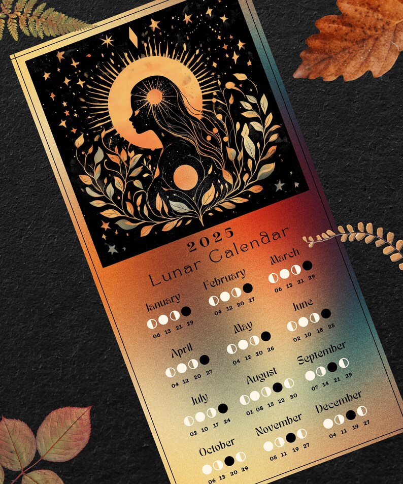 2025 Lunar Calendar Illustrated Moon Phase Wall Art Kitchen Botanical
