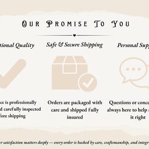 May include: A beige graphic with the text "OUR PROMISE TO YOU" and three subheadings: "Exceptional Quality," "Safe & Secure Shipping," and "Personal Support." Each section includes a brief description and an icon.
