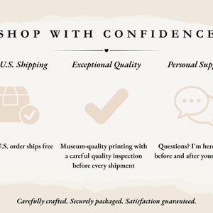 May include: A beige informational graphic with the text SHOP WITH CONFIDENCE. It features three sections: a box icon with Free U.S. Shipping, a checkmark icon with Exceptional Quality, and a speech bubble icon with Personal Support.