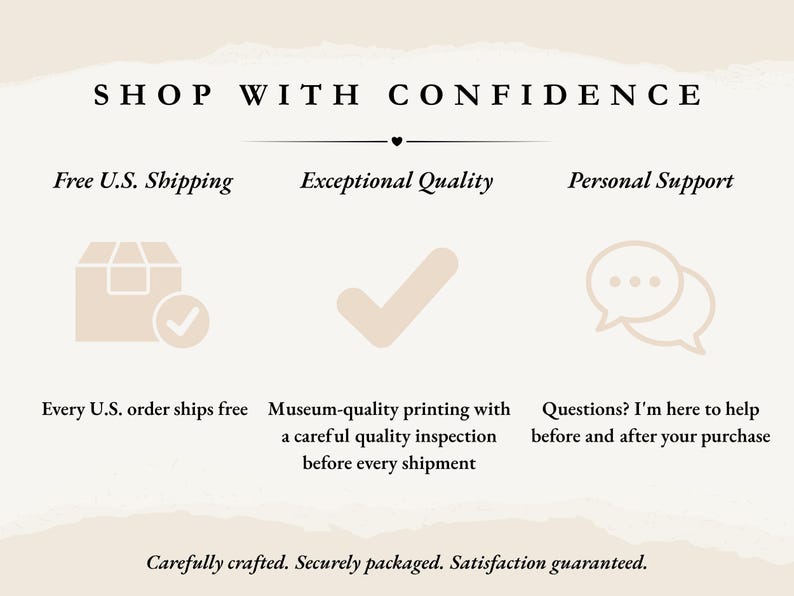 May include: A beige informational graphic with the text SHOP WITH CONFIDENCE. It features three sections: a box icon with Free U.S. Shipping, a checkmark icon with Exceptional Quality, and a speech bubble icon with Personal Support.
