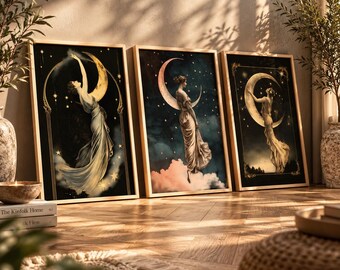 Moon Goddess Art Nouveau Wall Art Set – 3 Vintage Celestial Prints | Instant Digital Download