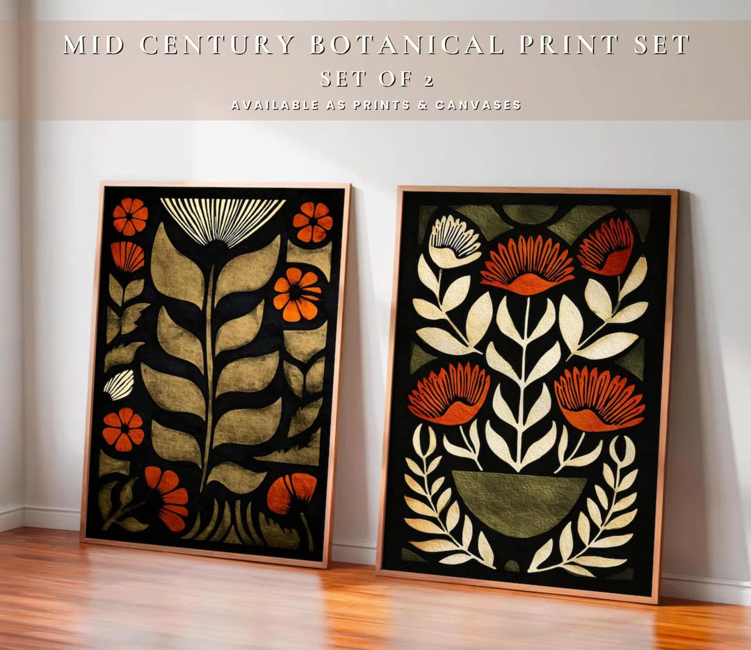Midcentury Modern Botanical Print Set of 2 - Retro Style Folk Art - Etsy