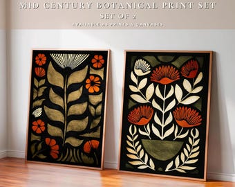 Set van 2 moderne botanische print uit het midden van de eeuw - volkskunst in retrostijl