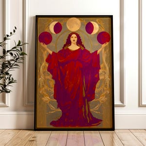Hecate Moon Goddess Wall Art - Triple Moon Divine Feminine Print, Witchy Pagan Decor, Lunar Phases Poster, Mystic Art Nouveau Painting