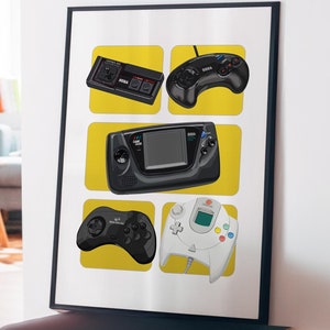 Gamer Art, Retro Video Game Console Controllers Print, Gifts for Gamer, Game Room Poster, Teen Boys Bedroom Decor, Video Game Illustrations