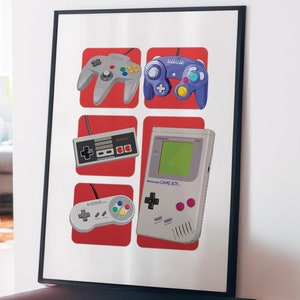 Gamer Art, Retro Video Game Console Controllers Print, Gifts for Gamer, Game Room Poster, Teen Boys Bedroom Decor, Video Game Illustrations