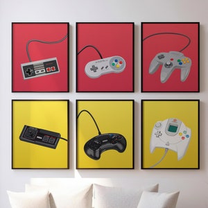 Set Of 6 Retro Video Game Console Controller Prints, Gamer Art, Game Room Poster, Teen Boys Bedroom Decor, Gifts for Gamer Art Illustrations